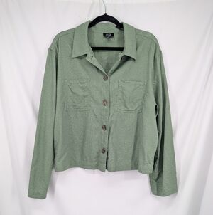 Jones New York Linen Blend Olive Green Button Down Collared Semi Crop Blouse XL